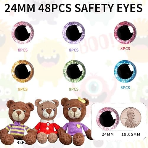 MUCUNNIA 96pcs 25mm 3D Glitter Plastic Safety Eyes for Amigurumi Trapezoid Craft Crochet Doll Eyes with Washers Stuffed Animal Eyes for DIY of Puppet, Bear Plush Animal Halloween Decorations(6 Colors) thumbnail 2