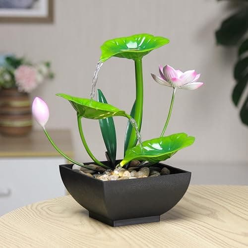 YOQUATE Water Fountain Indoor Waterfall Fountain 3-Tier Tabletop Fountain Lotus Desk Relaxation Home Decor Including Lots of Rocks and Soothing Sound Machine (Green 1) thumbnail 2