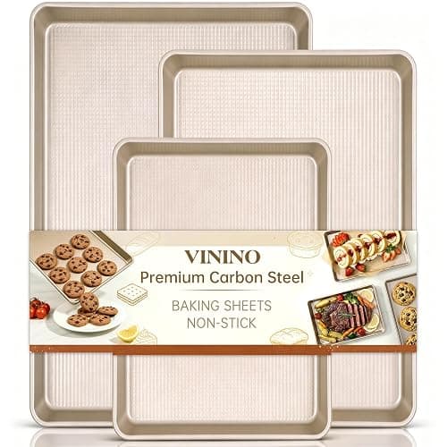 Vinino Baking Sheet Set of 3, Cookie Sheets For Baking with Square Texture Pattern, Thicker Carbon Steel Non-stick Baking Pan Half/Quarter/Jelly Roll Pans Tray for Oven - Image 1