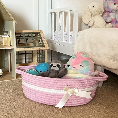 CHICVITA Pink Baby Girl Gift Basket, Small Woven Rope Basket, Rectangle Shelf Baskets for Bathroom, Cute Nursery Storage Baskets for Toys, Diapers, Towels, Snacks, 13 x 9.8 x 5 inches thumbnail 2