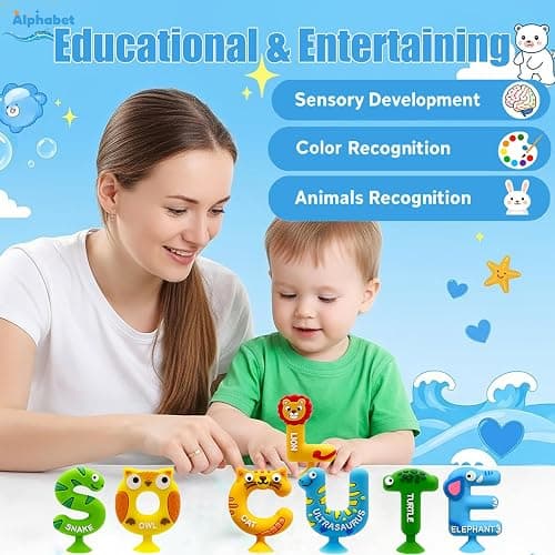 Mold Free Suction Bath Toys for Kids 26PCS, Bathtub Silicone ABC Alphabet Educational Montessori Sensory Toys for Baby/Toddlers, No Hole Animal & Letters Learning Toy with Storage Net for Autism/ADHD thumbnail 4