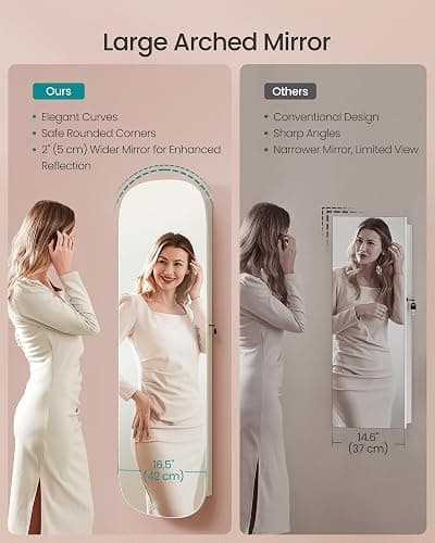 SONGMICS Jewelry Organizer, LED Jewelry Cabinet Wall/Door Mounted, Lockable Rounded Wide Mirror with Storage, Interior Mirror, 3.9 x 16.5 x 55 Inches, White Surface with Greige Lining thumbnail 4