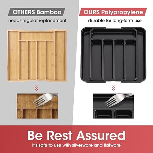 Aujen Silverware Organizer - Expandable Kitchen Drawer Organizer, Adjustable Utensil Organizer, Cutlery Tray for Forks, Knives, Multipurpose Kitchen Organizers and Storage Solution, Black, Medium thumbnail 5