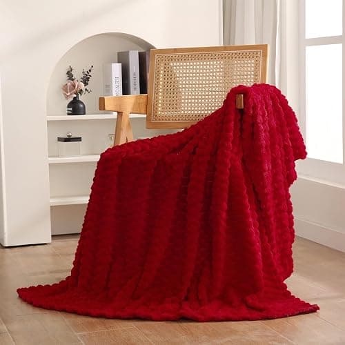 Red Throw Blanket 50"×60" inches Fuzzy 3D Jacquard Decorative Flannel Fleece Super Soft Plush Cozy Blanket for Couch Sofa Chair Lightweight - 50"×60” - Red - Image 1