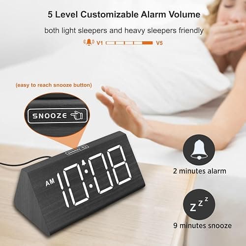 DreamSky Wooden Digital Alarm Clocks for Bedrooms - Electric Desk Clock with Large Numbers, USB Port, Loud Alarm for Heavy Sleepers, Adjustable Volume, Dimmer, DST, Wood Décor Gifts, Adapter Powered thumbnail 7