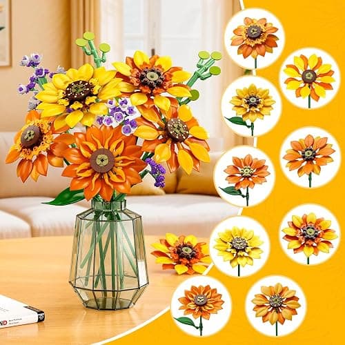 CUBIMANA Flowers Sunflower Bouquet Building Set with Lights - 17 Flowers Botanical Collection Artificial Plant Sunflower Building Blocks Art Home Decor Valentines Gifts for Adults Women Girl (1011PCS) thumbnail 3