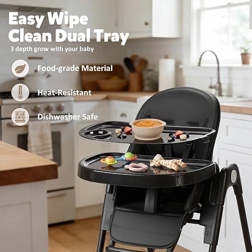 TODEFULL 3 in 1 Foldable Baby High Chair, Infant High Chairs for Babies and Toddlers, 6 Height & 5 Recline Adjustable Toddler Feeding Chair, 2 Tray Depth & 3 Footrest Angles, 2 Built-in Wheels, Black thumbnail 4