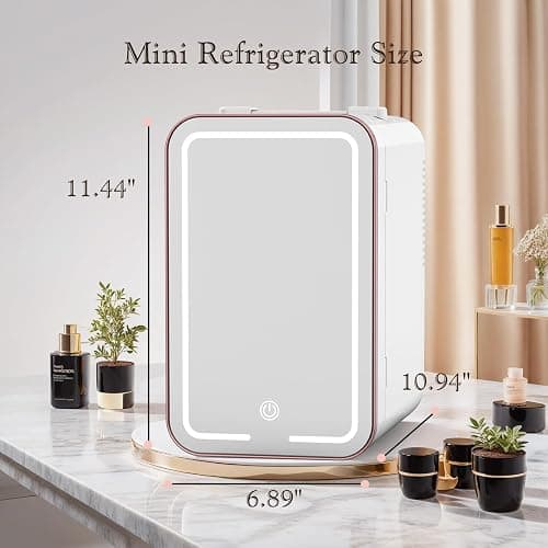 YLFU Mini Fridge for Bedroom, 6L/10 Can Skincare Fridge with Dimmable LED Light Mirror for Dorm & Office, Portable Cooler & Warmer Small Compact Refrigerator for Skincare, Makeup and Cosmetics, White thumbnail 2