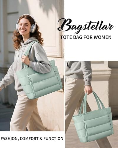 Puffer Tote Bag for Women, Lightweight Puffy Work Handbag Teacher Nurse Quilted Shoulder Bag for School Travel Gym thumbnail 8
