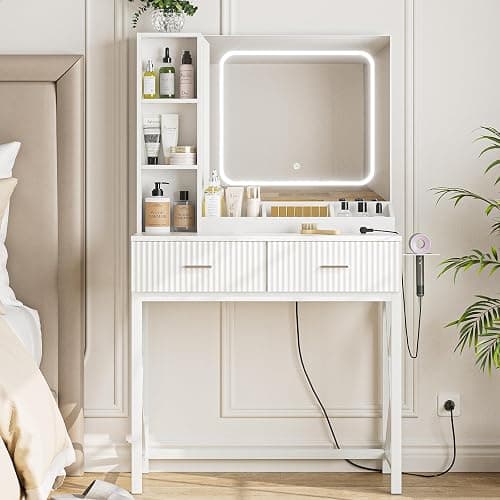 SONGXIN Vanity Desk with Mirror and Lights 3 Colors, Makeup Vanity with 2 Drawers and Storage Shelves, White Vanity Table with Power Outlet, Hair Dryer Holder, Makeup Desk for Bedroom - Image 1