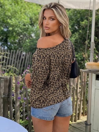 Trendy Queen Womens Off the Shoulder Tops Oversized Summer T-Shirts 2026 | Breathable comfort stretch fabric, short sleeve, basic oversized tees, casual workout gym, y2k going out clothes thumbnail 5