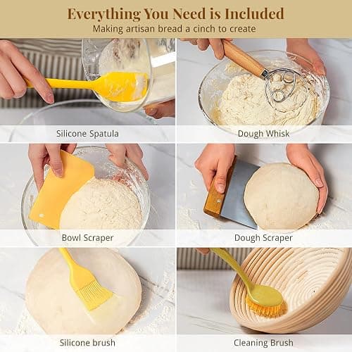 BAVIFY Sourdough Starter Kit, 9" Round & 10" Oval Banneton Bread Proofing Baskets Set, Sourdough Bread Baking Supplies Making Tools with Dough Scraper, Whisk, Bread Lame, Silicone Sling, Recipe thumbnail 5
