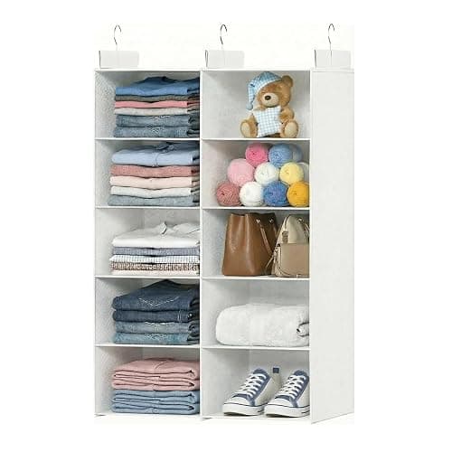 ALLTIDYUP White 5-Tier Hanging Closet Storage Organizer - Space-Saving Dual-Row Foldable Shelves with 3 Hooks, Wardrobe Organizer for Dorm, Bedroom, Clothes and Accessories - Image 1