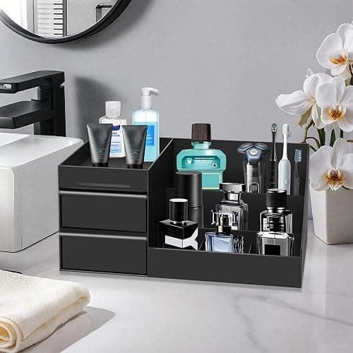 Novalunae Mens Bathroom Organizer with Drawer, Black Cologne and Perfume Display Stand with Storage Shelf for Vanity, Bathroom Counter, Shaving Supplies, Skin Care, Cologne Organizer for Men thumbnail 2