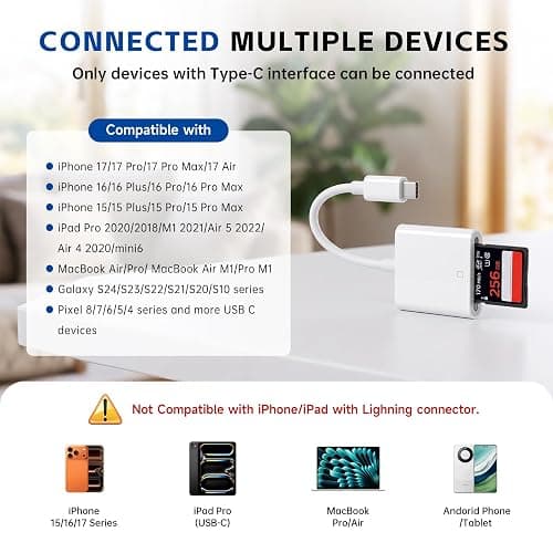 MTIQHS USB C SD Card Reader, Type C Memory Digital Camera Adapter | White, Trail Game Camera Viewer, USB C Memory Card Reader for iPhone 17/16/15,iPad,MacBook,iMac,Galaxy,Android thumbnail 5