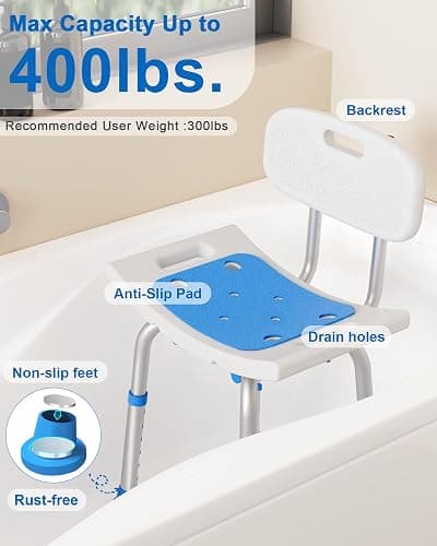 HOMLAND Shower Chair for Inside Shower with Removable Back, 400 lbs Heavy Duty Bath Seat for Bathtub, Safety Bath Stool for Seniors and Disabled, Aluminum Alloy Frame thumbnail 2