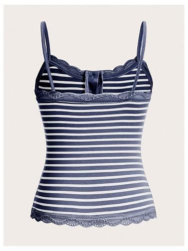 SOLY HUX Women's Striped Lace Trim Cami Crop Top Button Front Spaghetti Strap Y2k Tops thumbnail 3