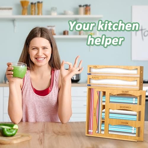 WHOMASS 6-in-1 Magnetic Bamboo Drawer Organizer for Food Bags and Wraps Adjustable Compartment Storage with Dispenser and Cutter Fits Gallon Quart Sandwich and Snack Sizes thumbnail 7