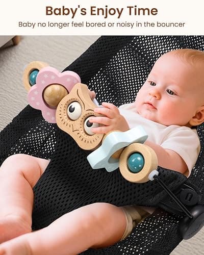 TinlyFinly Baby Bouncer Toy Bar Wooden Compatible with Baby Bjorn Bouncer, Bouncer Toy Attachment, Tight and Secure Fit, So Fun to Watch, Touch and Spin for Babies All Ages (Wood Color Owl) thumbnail 2