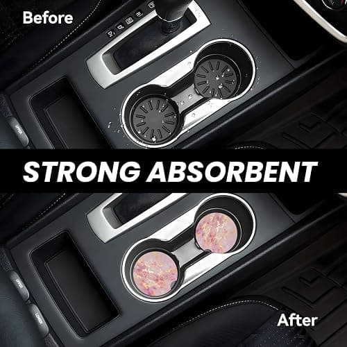 Car Coaster for Cup Holders, 2 Pack Absorbent Ceramic Car Cup Holder Coaster, Cute Auto Assecories for Women Men, Universal Size 2.56 in with Finger Notch & Cork Base, Gold Pink Marble thumbnail 5