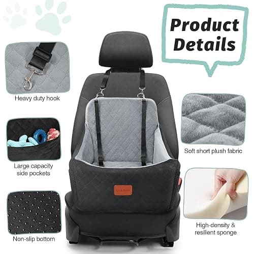 Lealchum Dog Car Seat for Dogs Up to 35lbs,Fully Detachable and Washable,Memory Foam Covered Soft Fabric,Easy to Install with Adjustable Straps,Anti-Slip Bottom,2 Side Pockets(Black/Grey,Medium) thumbnail 2