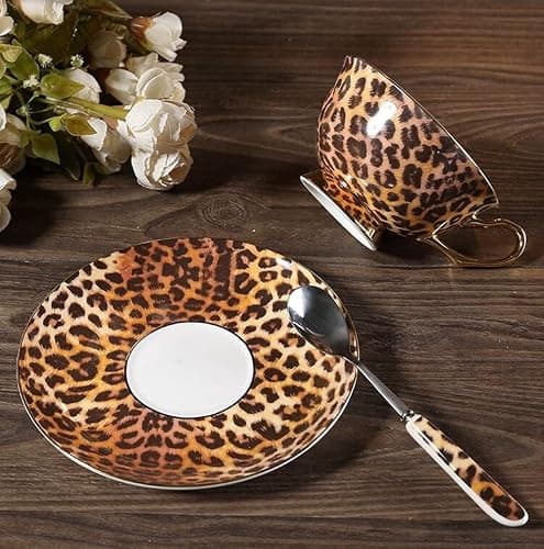 Eplze® YBK Tech Euro Style Bone China Cup& Saucer Set, Ceramic Tea Coffee Cup for Home Kitchen Wedding (Leopard Pattern) thumbnail 8