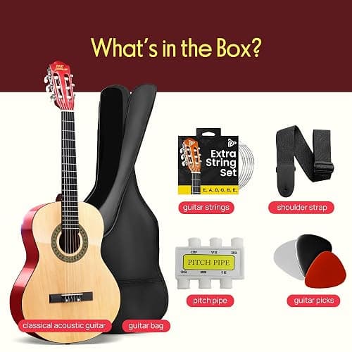 Pyle 30-Inch Beginner Acoustic Guitar Kit, 6-String Classical Style Travel Guitar for Kids & Adults - Includes Shoulder Strap, Strings, Picks, Tuning Pitch Pipe & Storage Gig Bag - Handcrafted Wood thumbnail 7