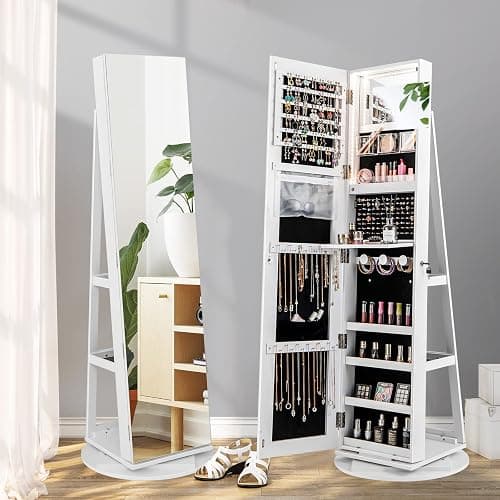 CHARMAID 360° Swivel Jewelry Armoire with Full Length Mirror, Rear Storage Shelves, Lockable Standing Jewelry Cabinet Organizer with Interior Vanity Mirror and 3-Color Lights (White) thumbnail 7