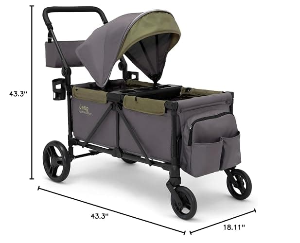 Jeep Sport All-Terrain Stroller Wagon by Delta Children - Includes Canopy, Parent Organizer, Adjustable Handlebar, Snack Tray & Cup Holders, Grey/Olive Green thumbnail 3