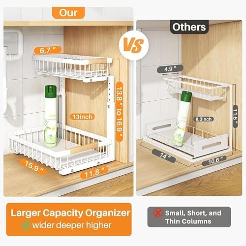 PXRACK Under Sink Organizer, Adjustable Height, 2 Tier Pull Out Under Cabinet Organizer, Slide Out Thickened Metal Under Sink Storage for Kitchen Bathroom Laundry Pantry Cabinet, White, Large-2-Pack thumbnail 2