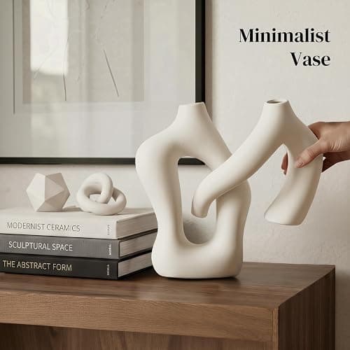 Dowan White Vases for Decor,Hollow Ceramic Vase Set of 2,8.3" Nordic Modern Boho ins Style Decorative Ceramic Aesthetic Flower Vase for Home Decor Modern Minimalist Table, Entryway Centerpieces thumbnail 4