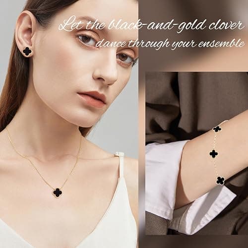 SUEHBEXF Vierblättriges Kleeblatt Schmuck Set, 18 Karat Vergoldet Edelstahl Zweiseitig Vierblättriges Schmuck, Geschenke für Damen und Mädchen thumbnail 7