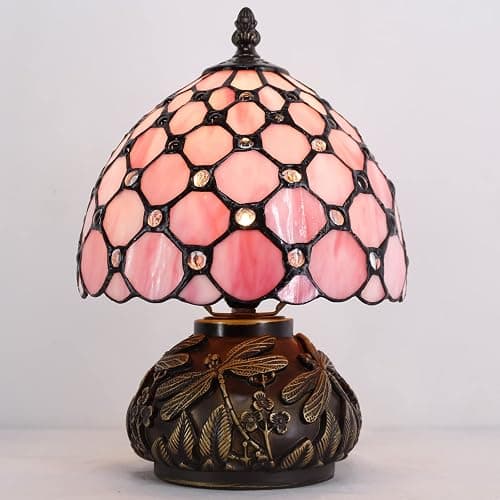 WERFACTORY Small Tiffany Lamp Desk Pink Stained Glass Pearl Bead Mushroom Table Lamp Bronze Mini Accent Lamp W8H11 Inch S005P Series thumbnail 2