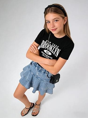 Cakaner Tween Girls Skirt Set Short Sleeve T-Shirt and Ruffle Tiered Denim Skirt Summer Casual 2 Piece Outfit Size 7-14 thumbnail 3