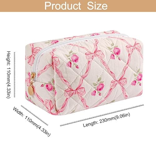 HHQQWZ Travel Makeup Bag, Cosmetic Bag for Women Girls, Floral Flowers Toiletry Organizer, Portable Storage Bag, Pink Bowknot/Gold Zipper thumbnail 3