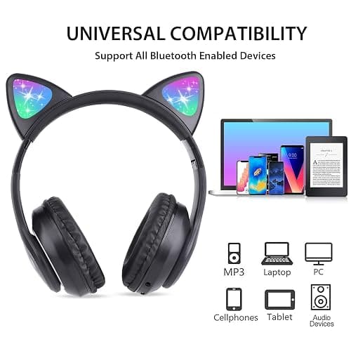 TCJJ Bluetooth 6.0 Cat Ear Kids Headphones for Girls, LED Light Up, 85dB Safe Volume Limit, Stereo Sound Toddler Foldable Wireless & 3.5mm Wired Headset with Mic for School, Tablet, Travel thumbnail 6