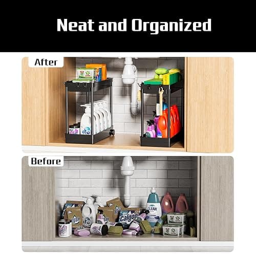 Cicilyna 2 Pack Under Sink Organizer, 2 Tier Bathroom Cabinet Organizers and Storage with Hook, Multi-purpose Storage Basket Shelf for Kitchen, Black thumbnail 6