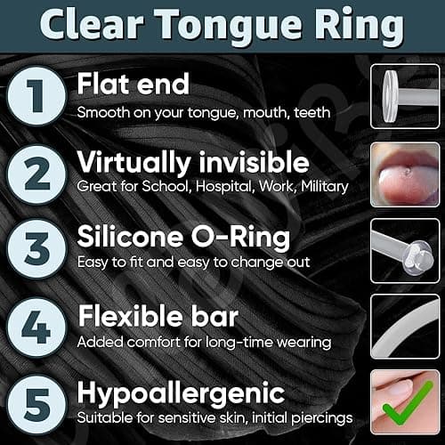 Flat Clear Tongue Ring For Work, Surgery - 14g Hypoallergenic Flat Tongue Rings For Women - 16mm (5/8) Flexible Straight Barbell Bioflex Plastic Tongue Rings Piercing Retainer Jewelry Spacers (8pcs) - clear thumbnail 6