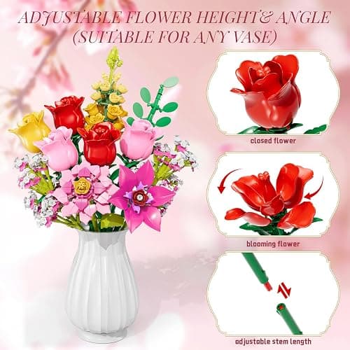 Flowers Bouquet Building Set, Pink Roses Flores Set for Adults, 765 PCS Botanical Collection Building Block Toy, Home Decor, Gifts for Valentine's Day, Birthday, Artificial Flowers for Women Kids 6+ thumbnail 6