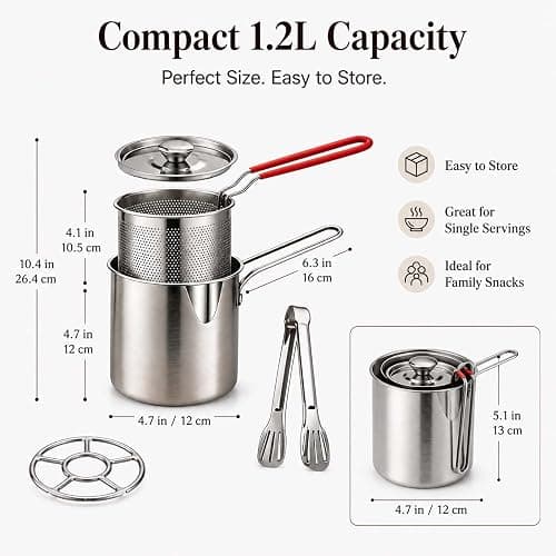 Mini Deep Fryer Pot with Basket, 1.2L Stainless Steel Fryer Set (5Pcs) | Lift-Out Strainer, Pour Spout, Lid, Tongs & Stove Rack for Fries, Chicken, Shrimp & More thumbnail 2