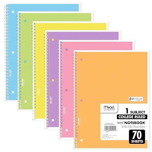 Mead Spiral Notebooks, 6 Pack, 1-Subject, College Ruled Paper, 8" x 10-1/2", 70 Sheets, Assorted Pastel Colors (830049) - Pastel Colors - Image 1