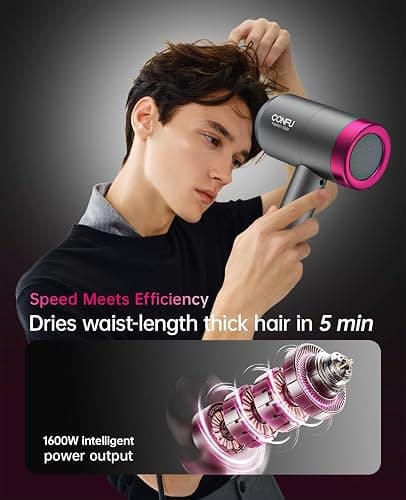 CONFU Ionic Blow Dryer 1600W, Portable Lightweight Fast Drying Negative Ion Hairdryer Blowdryer, 3 Heat Settings & Infinity Speed, with Diffuser and Concentrator Nozzle for Home & Travel thumbnail 2