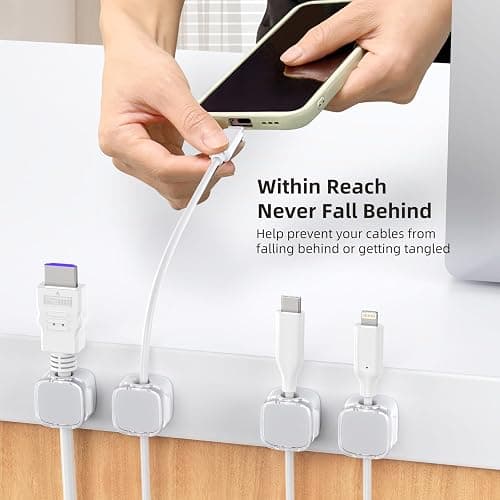 TIKIWIK Cord Holder, 6 Pack Magnetic Cable Clips, Strong Adhesive Cord Holder for Nightstand Desk Organizer Kitchen Appliances Car Wall Office Phone Wire Keeper, Clear White thumbnail 3