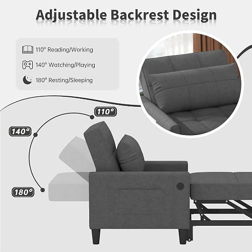 DURASPACE Sleeper Chair Bed with USB Ports, Side Pockets, 3-in-1 Convertible Futon Chair, Adjustable Backrest Recliner Pull Out Bed for Living Room, Bedroom, Small Spaces (Dark Gray) thumbnail 6