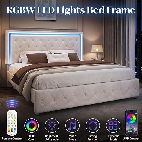 YUMPIE Full Bed Frame LED Lights Headboard, Velvet Upholstered, Cream | Adjustable Headboard built-in Chic Acrylic, Footboard, No Box Spring Needed, Solid Wood Slats, Noise-Free, Easy Assembly thumbnail 3
