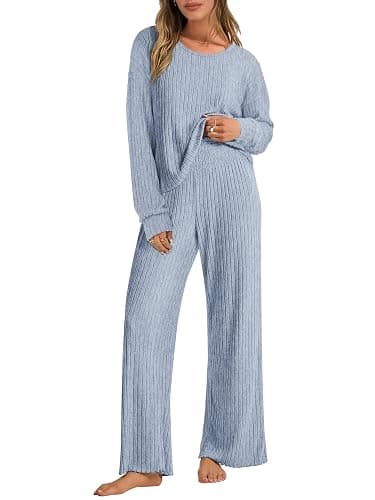 ANRABESS Women 2 Piece Lounge Pajamas Sets Casual Ribbed Knit Long Sleeve Top Pants Matching Set 2025 Fall Outfits Clothes - Image 1