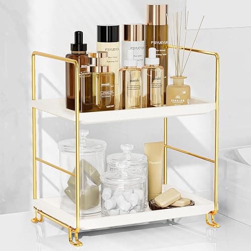 FSyueyun 2-Tier Bathroom Countertop Organizer, Tool-Less Installation Premium Plastics Makeup Shelf Organizer Perfume Skincare for Dresser Vanity Tray Organizers and Storage (Gold) - Image 1