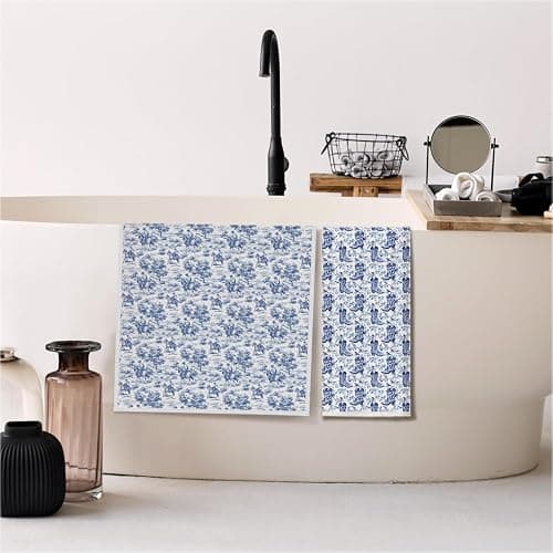 Elefeltclave Chinoiserie Western Cowboy Cowgirl Kitchen Towels, Blue and White Floral Dish Tea Towels for Kitchen, Grandmillennial Vintage Toile Decorative Hand Towel for Bathroom, 16x24 Inch Set of 2 thumbnail 5