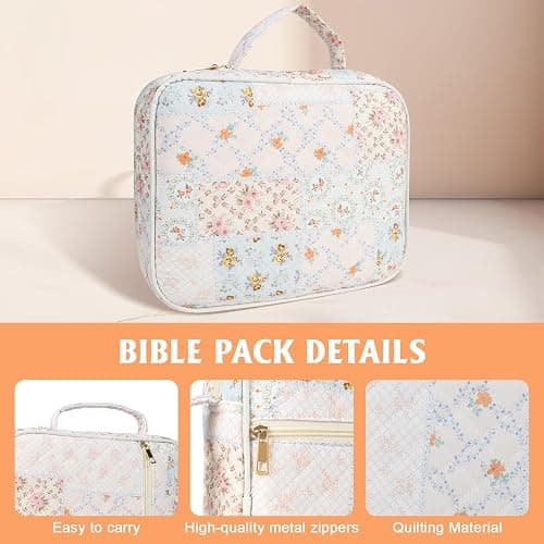Bible Cover Case for Women, Large Floral Quilted Cotton Bible Carrying Cases Protective Bag with Handle and Zippered Pocket for Christian, Bible Study Supplies Christian Gifts (Spliced Flower, XL) thumbnail 5