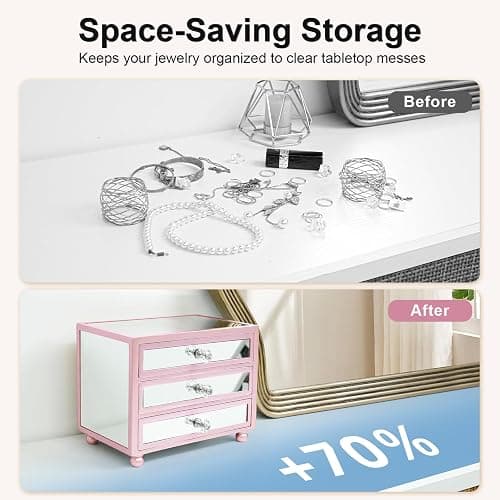 Gifturbo Pink Jewelry Box for Women Girl Wife 3 Layers Large Mirror Glass Jewelry Organizer Storage Case with Three Drawers Display for Earrings Bracelets Rings Watches thumbnail 6